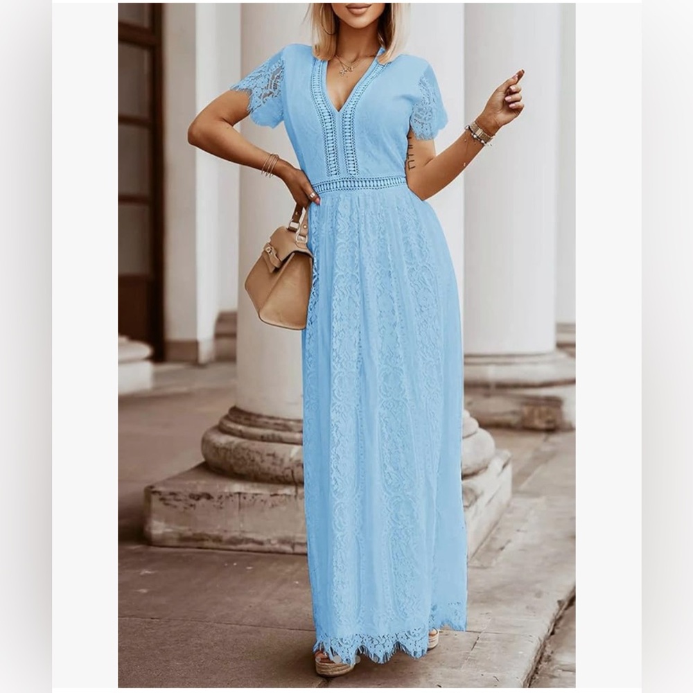 MEROKEETY Women's V Neck Short Sleeve Floral Lace Gown
